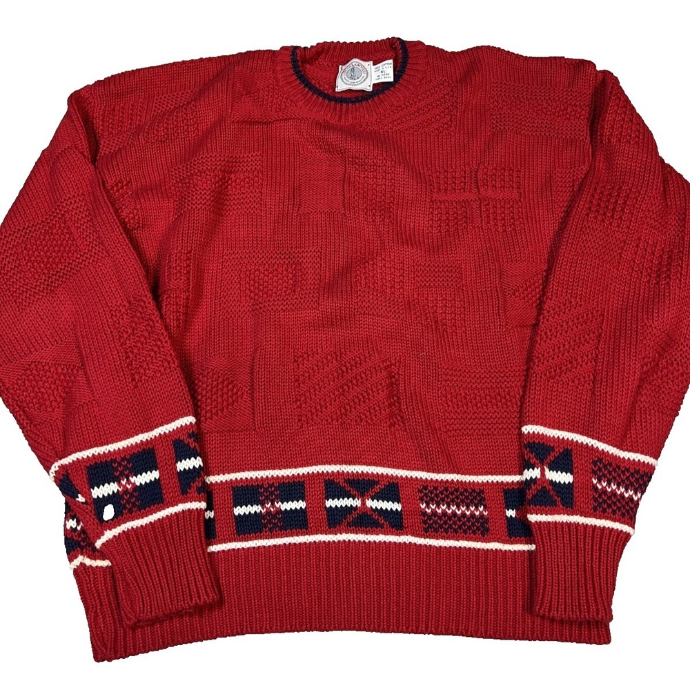 Vtg 90 Cape Isle Knitters Sweater XL Red Geometric Nordic Heavy Cotton Fisherman